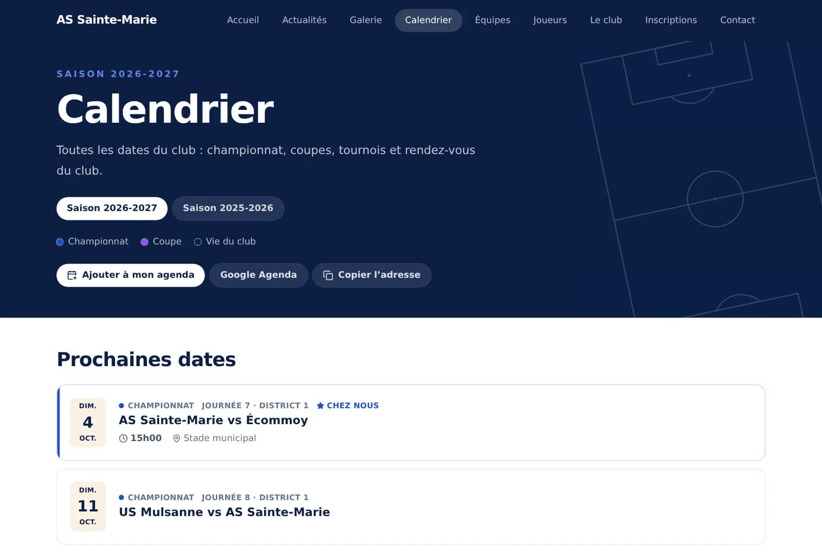 Calendrier du site de l’AS Sainte-Marie, club de football de démonstration
