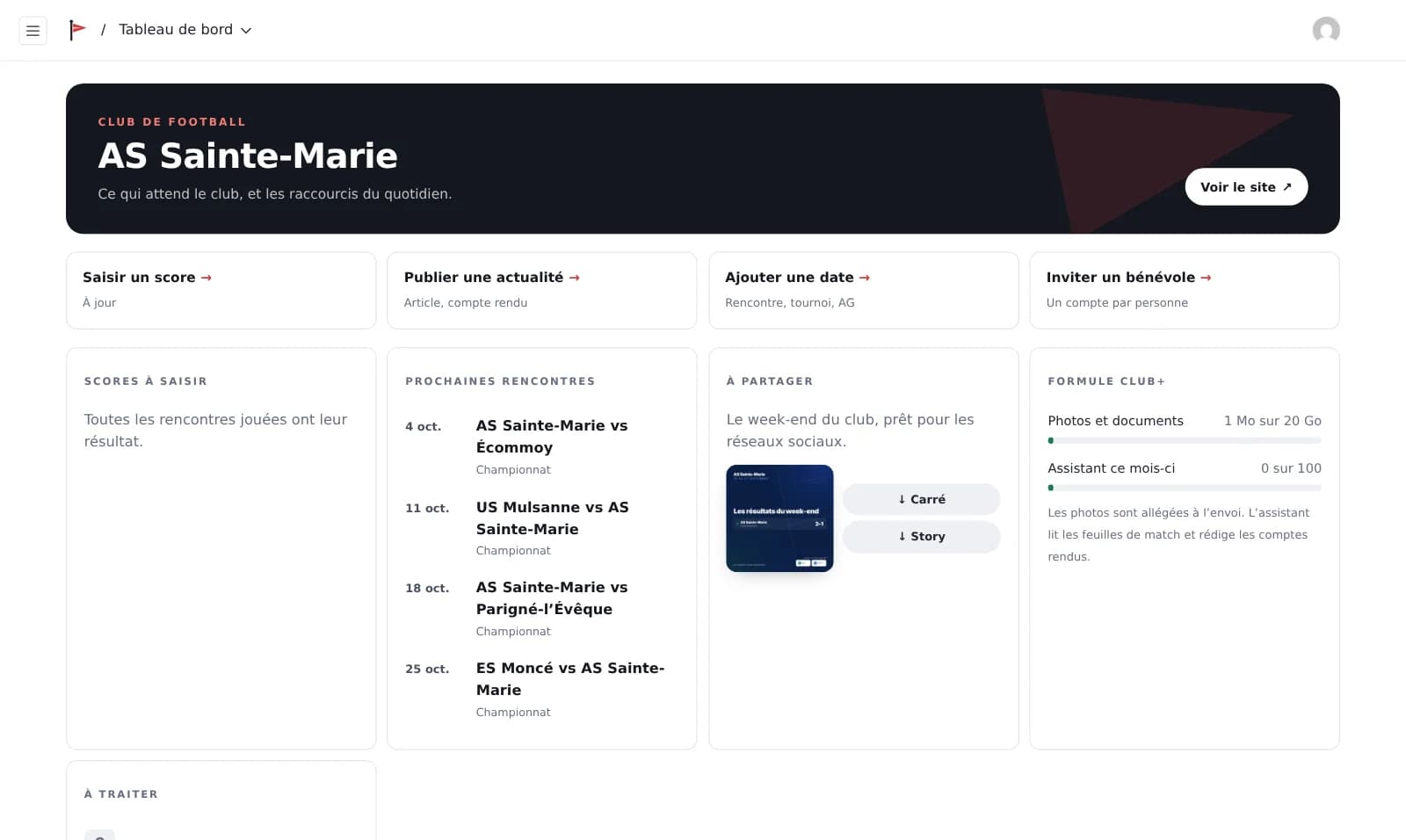 Tableau de bord de l’espace de gestion de l’AS Sainte-Marie