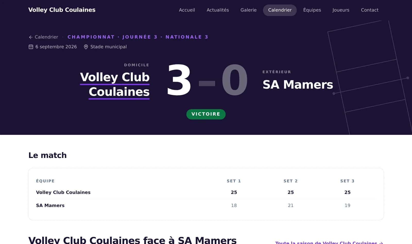 Page d’une rencontre de volley : le score final et le score de chaque set
