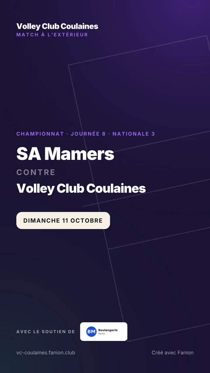 Affiche en format story d’un match de volley, avec la date, l’heure et le lieu