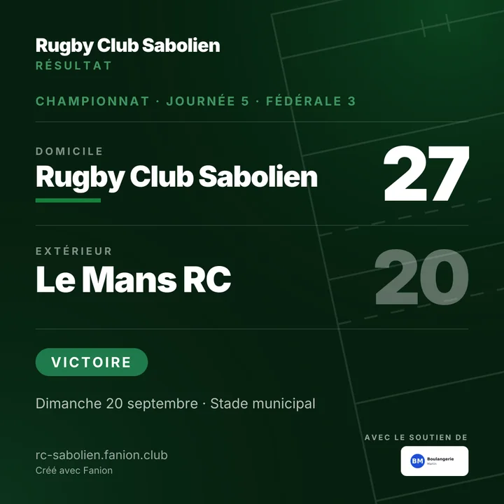 Visuel du résultat d’un match de rugby : Rugby Club Sabolien 27 – 20 Le Mans RC